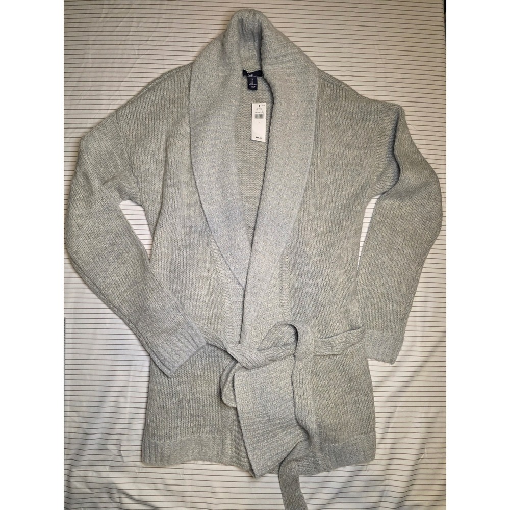 1317 Gap Womens Shawl Collar Belted Cardigan Sweater Gray Knit Size L NWT
